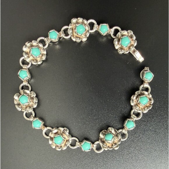 VINTAGE 50s TAXCO MEXICO STERLING SILVER TURQUOISE BLOSSOM FLOWER BRACELET 6.5” - Picture 2 of 16
